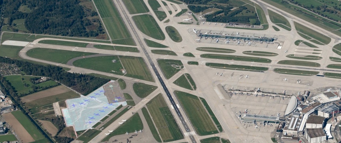 Airport Zürich: Die eingefügte Fläche zeigt, wo der Heligrill neuen Standplätze weicht.