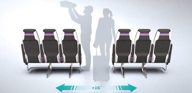 Innovative Aircraft Seat vom Passme-Konsortium, nominiert in der Kategorie Kabinensysteme des Crystal Cabin Award: Der Gang einer Boeing 737-800 soll durch Zusammenschieben der Sitze 32 statt nur 16 Zoll (40,6 Zentimeter) breit sein.