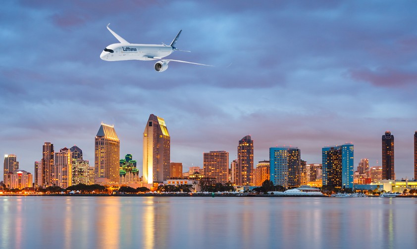 Airbus A350 von Lufthansa über San Diego: Dem Flughafen geht das Kerosin aus.