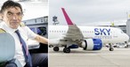 Konstantinos Iliakis und ein Sky-Express-Jet in Düsseldorf: Der Airline-Chef steuerte den Erstflug selbst.