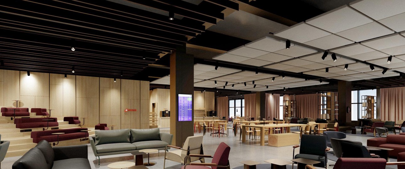 Swiss eröffnet zwei neue Lounges im Dock B des Flughafens Zürich: So wird die neue Business Lounge aussehen.