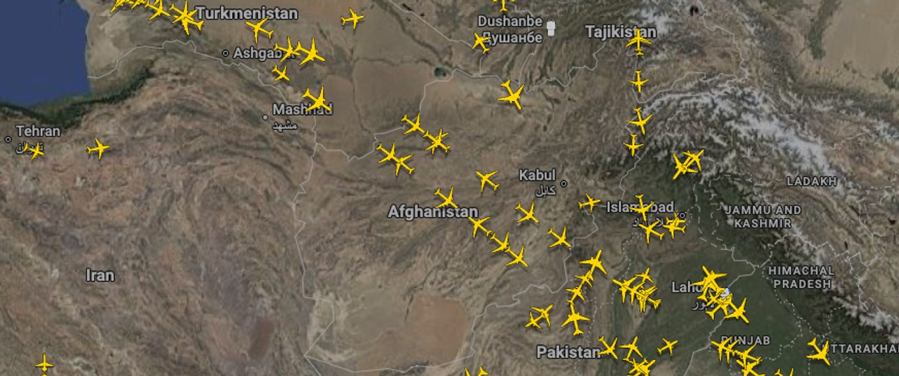 Kaum Flugzeuge über dem Iran, dafür über Afghanistan: Route zwischen Europa nach Asien.