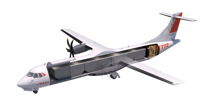 Dei ATR 72 F kann bis zu neun Tonnen Fracht transportieren. Entweder in Containern...