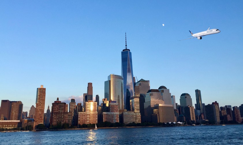 Airbus A350 in Farben von United über New York: Wird wohl keine Realität.