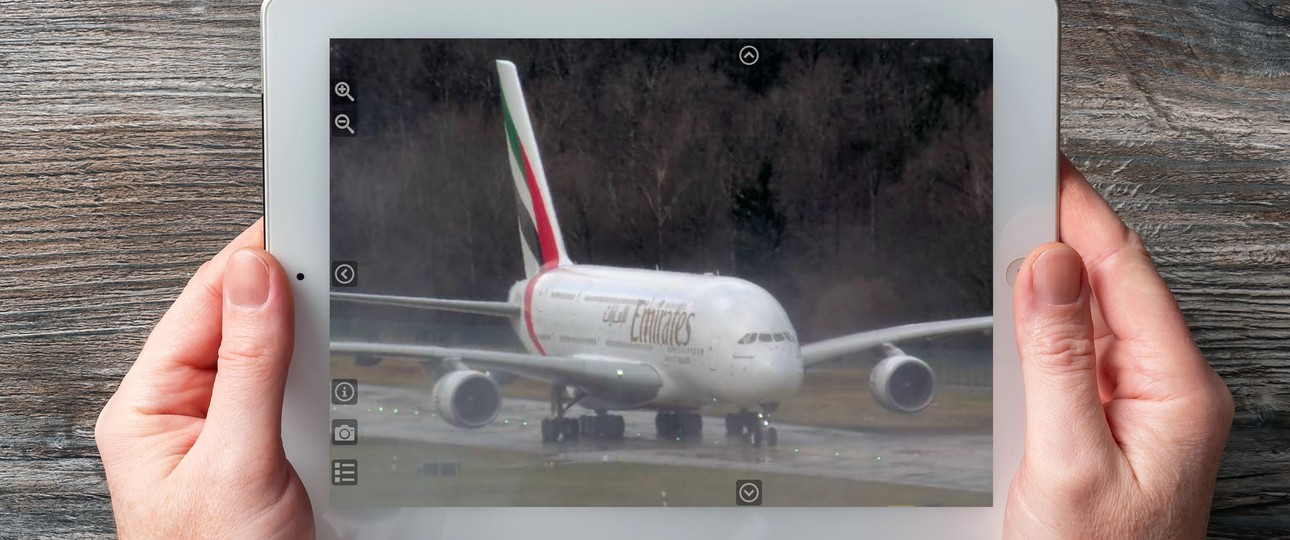 Airbus A380 von Emirates: Zu sehen auf einer Webcam des Flughafens Zürich. 