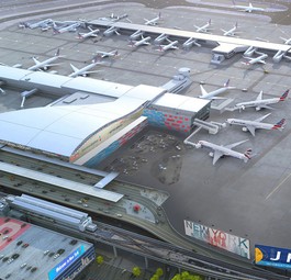 Montage von Terminal 8: Kümftig gemeinsam von British Airways und American betrieben.