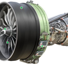 Das Triebwerk GE9X der Boeing 777X: Die Thrust Links sind die beiden Stangen oben rechts.