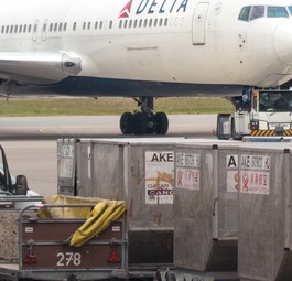 Frachtcontainer vor einer Boeing 767: Frachtkapazitäten brachen mit dem Wegfall von Passagierfliegern weg.