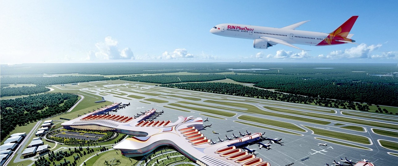 Boeing 787 von Sun Phu Quoc Airways über dem modernisierten Flughafen Phu Quoc (Computerskizze): Bald Wirklichkeit.