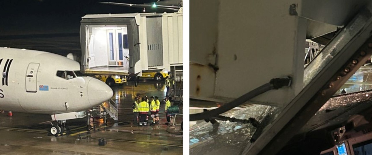 Bilder des Zwischenfalls von Fiji Airways: Die Fluggastbrücke hat die Cockpitscheibe getroffen.