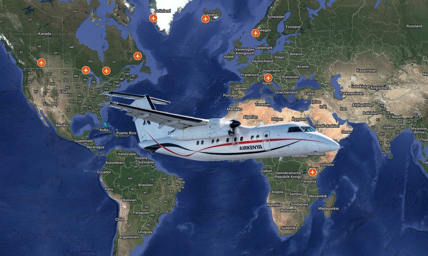 Eine Dash 8 von Air Kenya und die bisherigen Stopps der Auslieferungsroute: Kleiner Flieger, langer Weg.