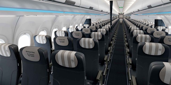 Erster Blick in die Kabine: Die Business Class im neuen Airbus A320 Neo von Condor.