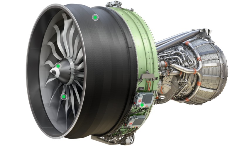 Das Triebwerk GE9X der Boeing 777X: Die Thrust Links sind die beiden Stangen oben rechts.