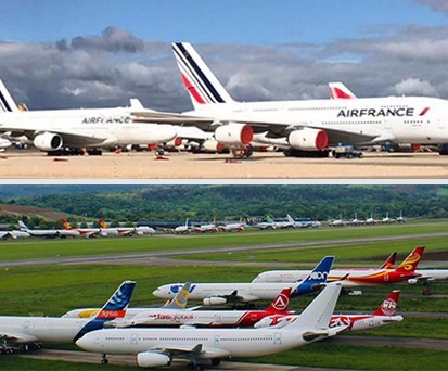Parked aircraft in Teruel (top) and Tarbes: Over 40 new airplanes in two weeks.