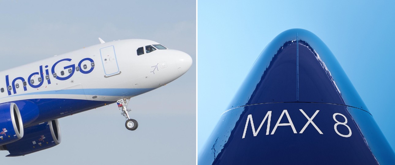 Ein Airbus A320 Neo von Indigo und die Nase einer Boeing 737 Max 8 von Southwest Airlines, von unten fotografiert: