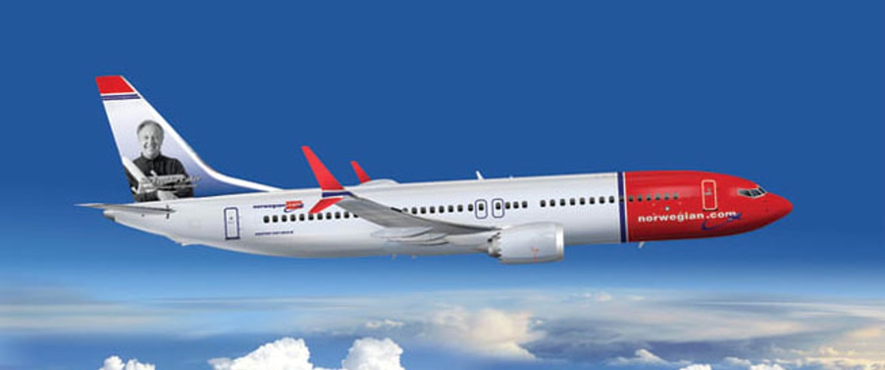 So wird die erste Boeing 737 Max von Norwegian aussehen. Das Leitwerk ziert ein Porträt von Freddie Laker. Der ehemalige Militärpilot gründete in seinem Leben mehrere Fluglinien.