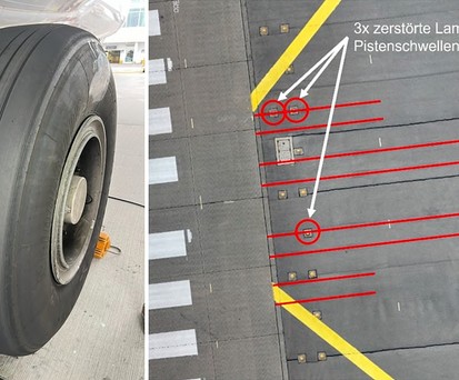 Beschädigter Reifen, spuren und zerstörte Lampen: Ein Airbus A380 von Lufthansa setzte in München zu früh auf.