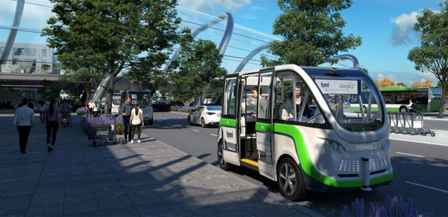 Für den Transport auf dem Flughafengelände stehen elektrische, fahrerlose Kleinbusse zur Verfügung.