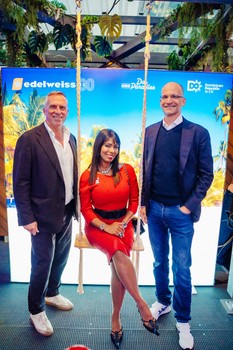Gastgeber des Abends: Petra Cruz (Dominican Republic Tourism Board) mit Bernd Bauer (CEO Edelweiss) und Patrick Heymann (COO Edelweiss)