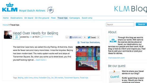 KLM: Die Airline spezialisiert sich im Blog auf Destinationen.