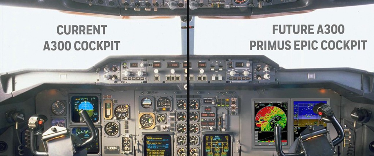 Vorher-Nachher-Vergleich zwischen dem jetzigen Airbus-A300-Cockpit (links) und der modernisierten Variante (rechts).