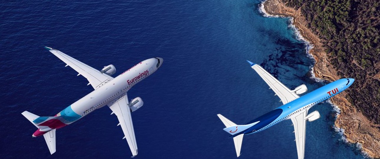 Flugzeuge von Eurowings und Tui über einer Küste (Montage): Urlaubsnachholfbedarf.