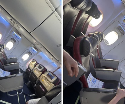 Sitzreihen in einer 737 von batik Air: Die Reihe ist beim Start nach hinten gekippt.