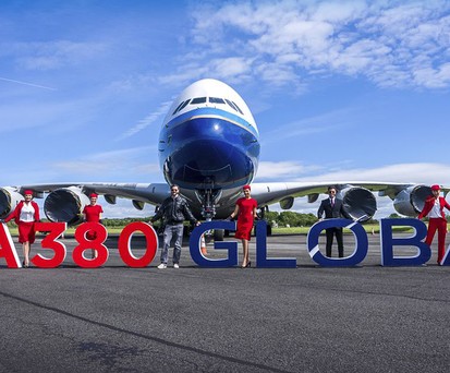Airbus A380 von Global Airlines: Der erste Super-Jumbo wird Ende der ersten Oktoberwoche in Dresden erwartet.