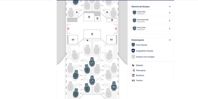 Sitzplan der Allegris-Business-Class: Rechts oben zu sehen die Sitztypen. bei diesem Flug stehen noch drei unterschiedliche zur Auswahl.