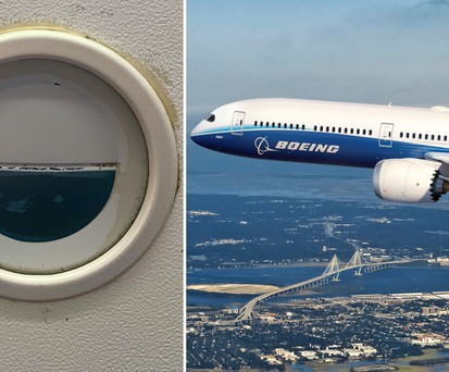 Links ein Knopf zur Bedienung der Fenster in einer Boeing 787 von Etihad, rechts ein Boeing-Testflieger: Die Fenster werden elektronisch gedimmt.