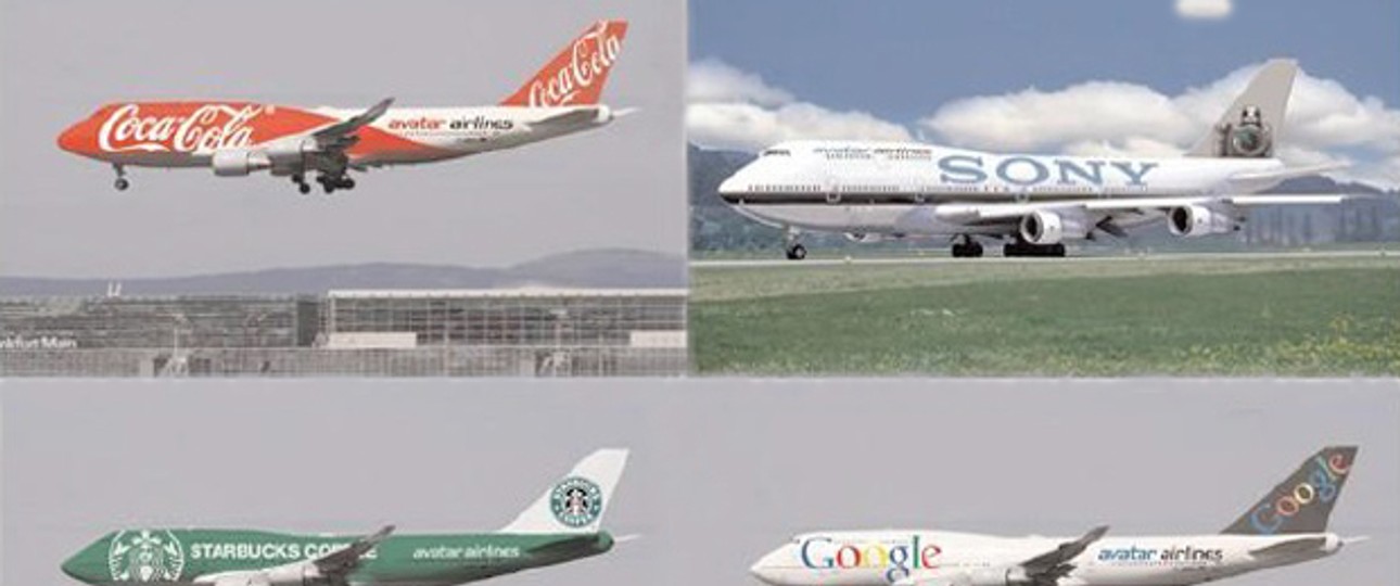 Google, Starbucks, Coca-Cola oder Sony: So könnten die Werbe-Jets von Avatar Airlines aussehen.