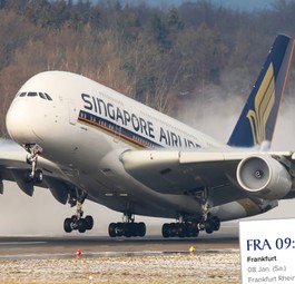 Airbus A380 von Singapore Airlines und Screenshot aus dem Buchungssystem: Wieder für Frankfurt eingeplant.