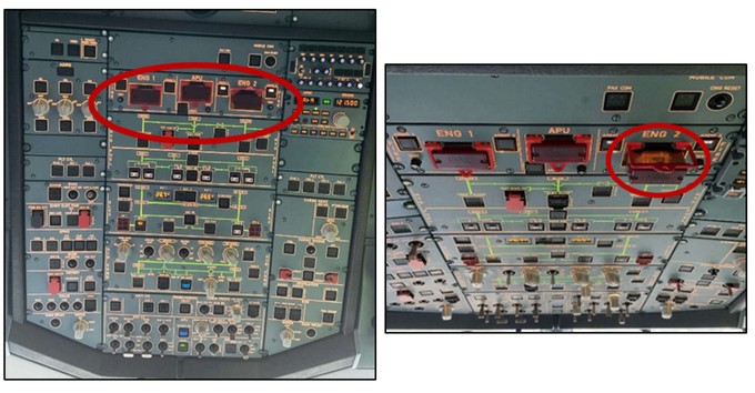 Ausgelöster Feuerlöschschalter von Triebwerk Nummer 2 im betroffenen A320 Neo von Air New Zealand.