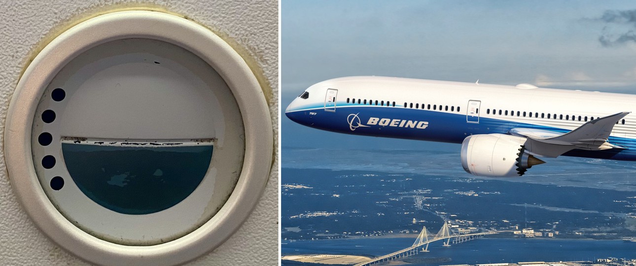 Links ein Knopf zur Bedienung der Fenster in einer Boeing 787 von Etihad, rechts ein Boeing-Testflieger: Die Fenster werden elektronisch gedimmt.
