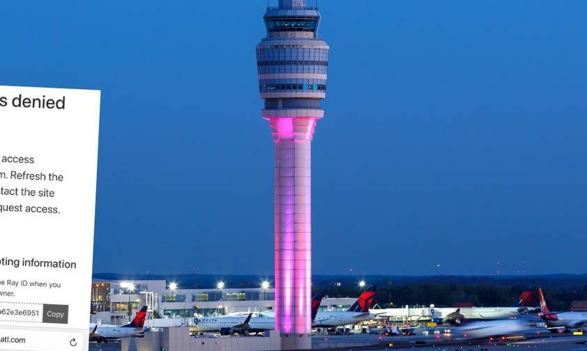 Airport Atlanta und ein Screenshot der nicht erreichbaren Webseite: Reisende müssen sich woanders informieren.