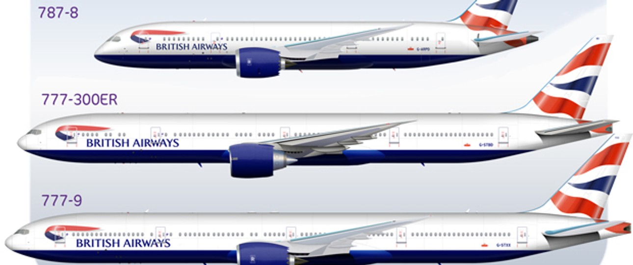 Größenvergleich von Dreamliner B787-9, B777-300ER und B777-9X (Schätzung).