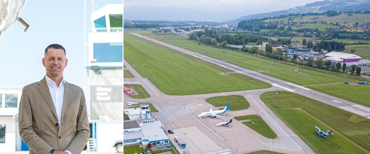 Chef Thomas Krutzler und der Flughafen St.Gallen-Altenrhein aus der Luft: Piste wird vorerst nicht saniert.