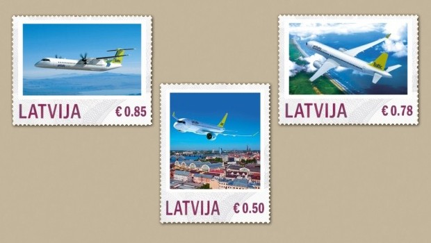 Zwischen 50 und 85 Cent kosten die neuen Briefmarken mit Air-Baltic-Motiv. Die lettische Post würdigt mit der Sonderedition «die besondere Entwicklung der Luftfahrtindustrie in der Region, die von Air Baltic angeführt wurde».