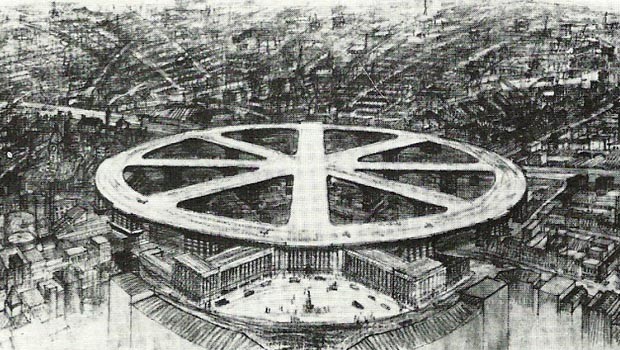 King's Cross, Großbritannien: Architect Charles W. Glover präsentierte 1931 einen Flughafen mitten in London. Die Flugzeuge hätten auf den Pisten – den Speichen des Rades - aufgesetzt und dann am Rand geparkt. Hochhäuser gab es damals noch keine.