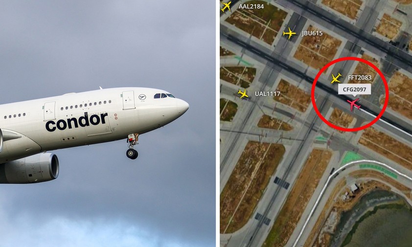 Die Aufzeichnung von Flightradar 24 zeigt die Starts der Jets von American und von Condor (rot) sowie die Landung des Hawaiian-Fliegers - und das Frontier-Flugzeug neben der Piste.