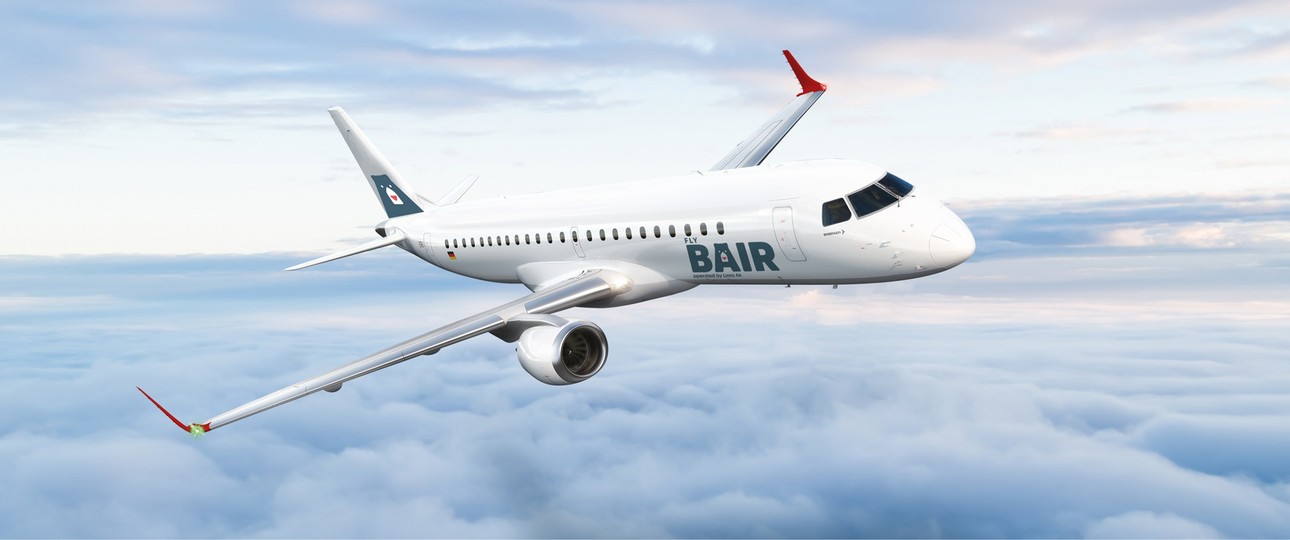 Flieger in den Farben von Flybair: Außen Bern, innen German Airways.