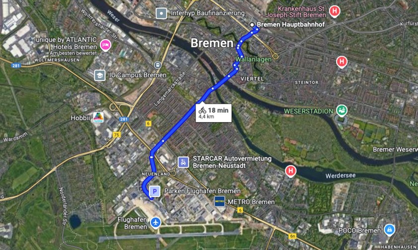 Mit dem Fahrrad vom Hauptbahnhof zum Flughafen Bremen: In 18 Minuten zu erreichen.
