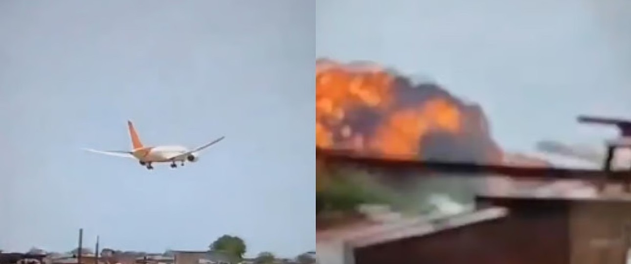 Die Boeing 787 von Air India kurz vor dem Crash über Häusern von Ahemdabad: Riesiger Feuerball.