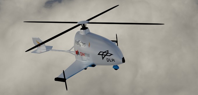 Erfolgreicher Beitrag: FireF(l)ighter vom Team der DHBW Ravensburg ist eine Kombination aus Hub- und Tragschrauber. Die Leistung sowohl für den Vertikalflug als Hubschrauber als auch für den Horizontalflug als Tragschrauber wird durch eine konventionelle Gasturbine bereitgestellt. Im Hubschraubermodus können kleine und bewaldete Wasserquellen genutzt werden, um Löschwasser aufzunehmen. Über eine Saugvorrichtung wird der Wassertank im unteren Bereich des Rumps befüllt. Durch Verwendung von Löschzusätzen können Schaumteppiche erzeugt werden zur Unterdrückung von wieder aufflammenden Feuern in Abstimmung mit Löschtrupps am Boden. Die Flotte von zehn Vehikeln wird durch mehrere Leute vom Boden aus gesteuert.