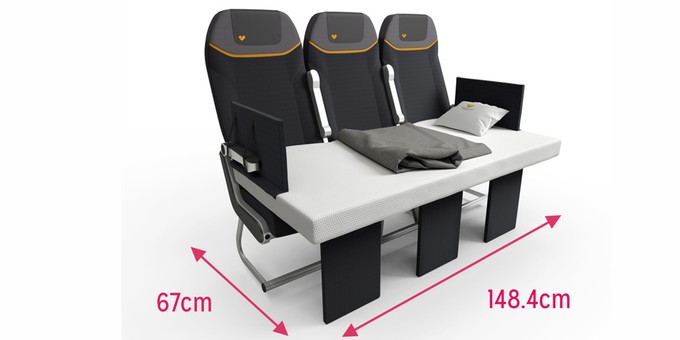 Die Ma­ße der Sleeper Seats. Größer als 180cm sollte man nicht sein, empfiehlt die Airline.