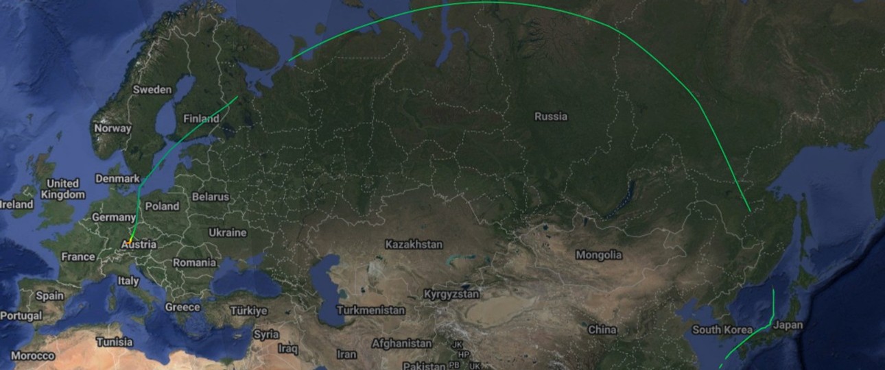 Eva-Air-Flug BR71 nach München am 25. Oktober: Lange Zeit durch russischen Luftraum.