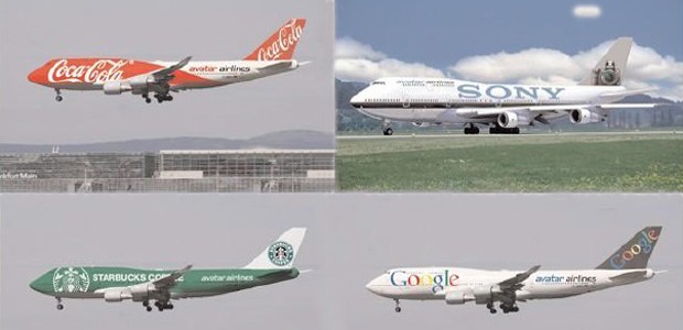 Google, Starbucks, Coca-Cola oder Sony: So könnten die Werbe-Jets von Avatar Airlines aussehen.