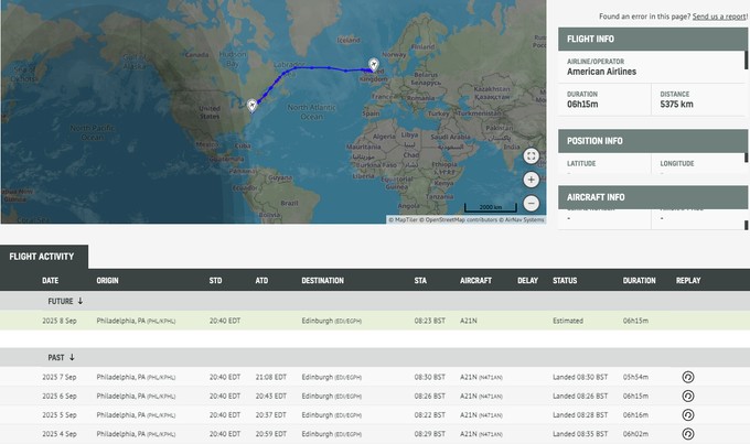 Screenshot zu den Transatlantikflügen.