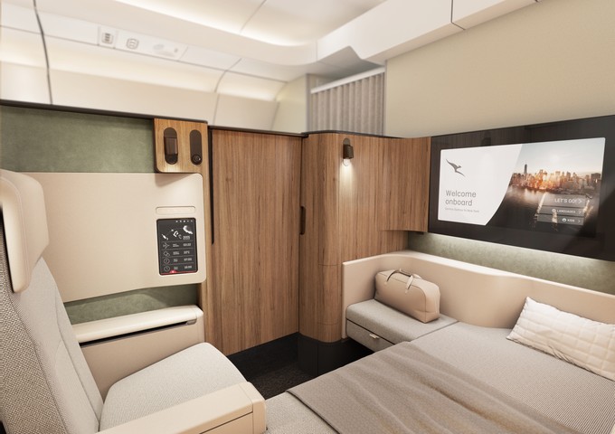 First-Class-Suite in Qantas' Airbus A350-1000: Ein Bild aus der Bett-Perspektive.