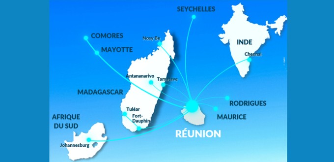 Die Karte zeigt, welche Routen Air Austral mit ihren A220 fliegen will.